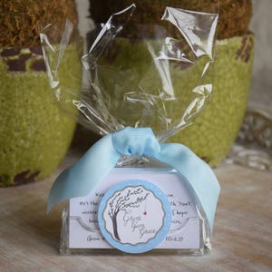 May include: A clear, rectangular gift box wrapped in cellophane and tied with a light blue ribbon. A round sticker with a tree illustration and the words "Grace Upon Grace" is attached. The background features green ceramic pots.