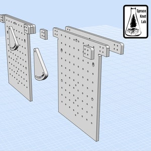 May include: A set of five gray pegboard panels with holes for hanging tools and accessories. The panels are made of a sturdy material and are designed to be mounted on a wall. The panels are labeled "Spruce Knot Lab".