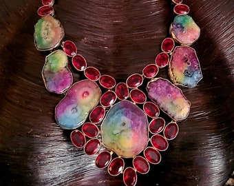 bib necklace online Vintage Rainbow Agate & Red Glass Statement Bib Necklace, Multi Colored Gemstone Solar Quartz Chest Piece, Womens Exotic Date Night Jewelry