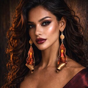 May include: A woman with dark hair and makeup, wearing a burgundy dress and large, ornate earrings. The earrings are gold and feature a flame-like design with red and orange accents. The overall aesthetic is glamorous and elegant.