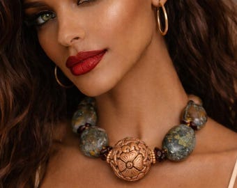 Hubei Boulder Turquoise & Tibetan Copper Repousse Statement Necklace : High End Earthy Western Style Jewelry