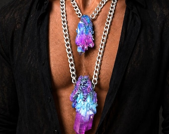 Sculpted Aura Quartz Gemstone Unisex Statement Pendant Set : OOAK Wearable Art