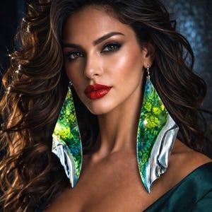 May include: A woman wearing large, abstract earrings with green and silver accents. The earrings are a focal point against her dark hair and a dark green dress. Her red lipstick and makeup are striking.