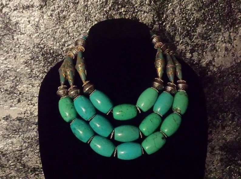 Blue Green Magnesite and Exotic Turkoman Metal Beaded Triple Strand Power Necklace for Women Executives. Iris Apfel Style Statement Choker 