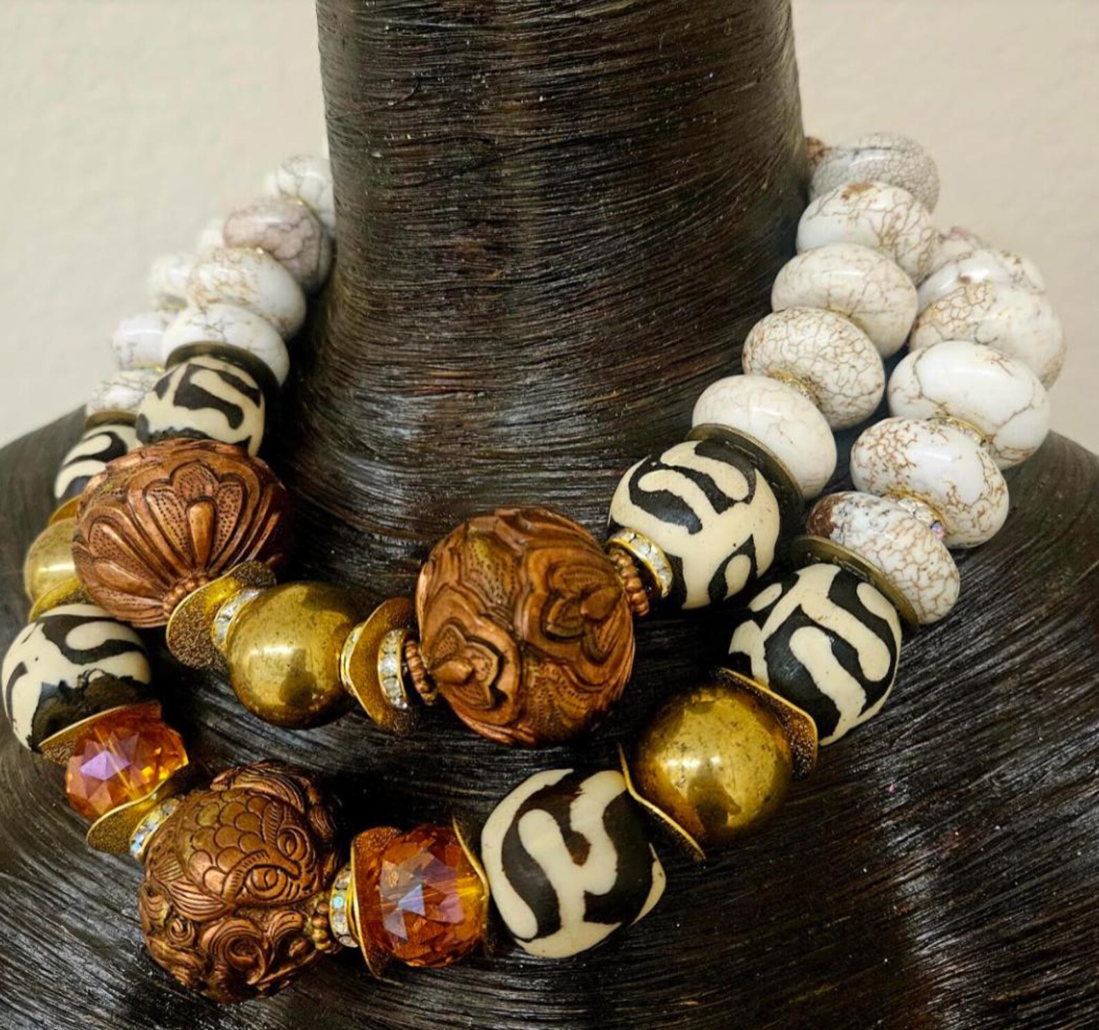 Bone Magnesite Magnesite & Zebu Bone Beaded Necklace Set: Tibetan Copper Repousse ...