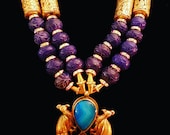Sapphire Emerald Tibetan Repousse Beaded Luxury Haute Couture Statement Necklace for Men or Women. Double Peacock Brass Statement Pendant.