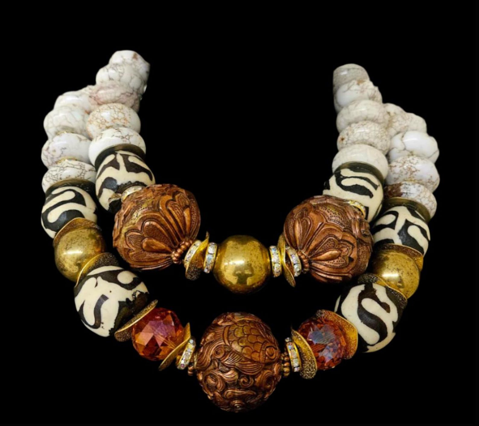 Bone Magnesite Magnesite & Zebu Bone Beaded Necklace Set: Tibetan Copper Repousse ...