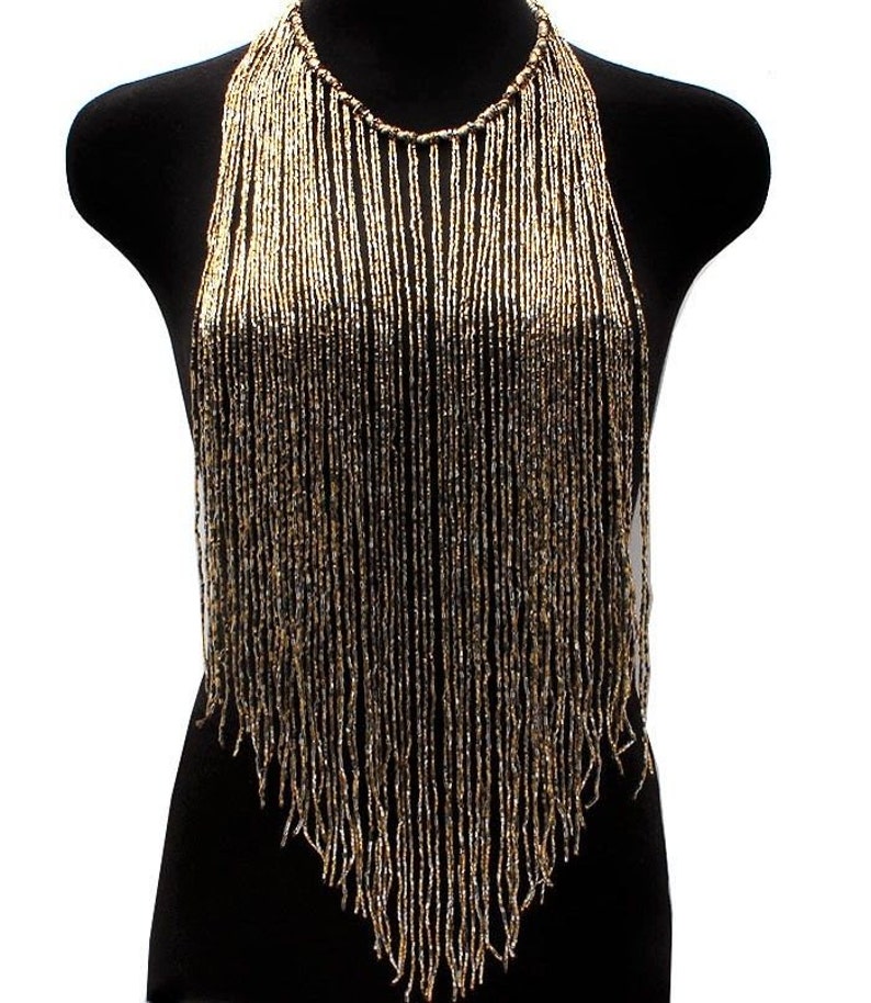 Seed Bead Body Necklace Golden Bronze Bugle Beaded Statement Necklace Urban Tribal Fringe Necklace Gypsy Soul Jewelry Body Jewelry