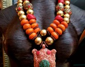 Tibetan Copper Repousse Frog Luxury Tribal Necklace for Women of Color. Oversized Heavy Beaded Unisex Chest Piece. Real Men Wear Jewelry.