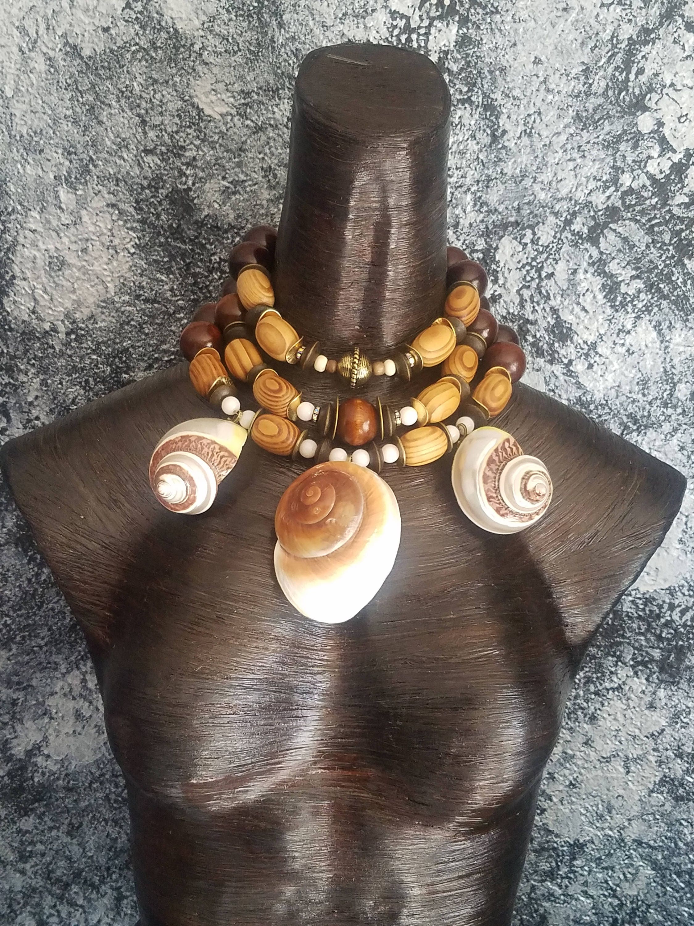 Earth Tone Wood Shell Statement Necklace KATROX Goddess | Etsy