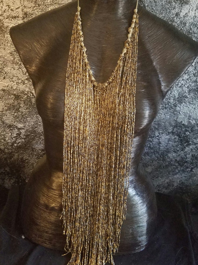 Seed Bead Body Necklace Golden Bronze Bugle Beaded Statement Necklace Urban Tribal Fringe Necklace Gypsy Soul Jewelry Body Jewelry