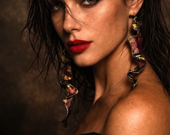 Hand Sculpted Long Dangle Earrings: Fuchsia & Gold Wearable Art