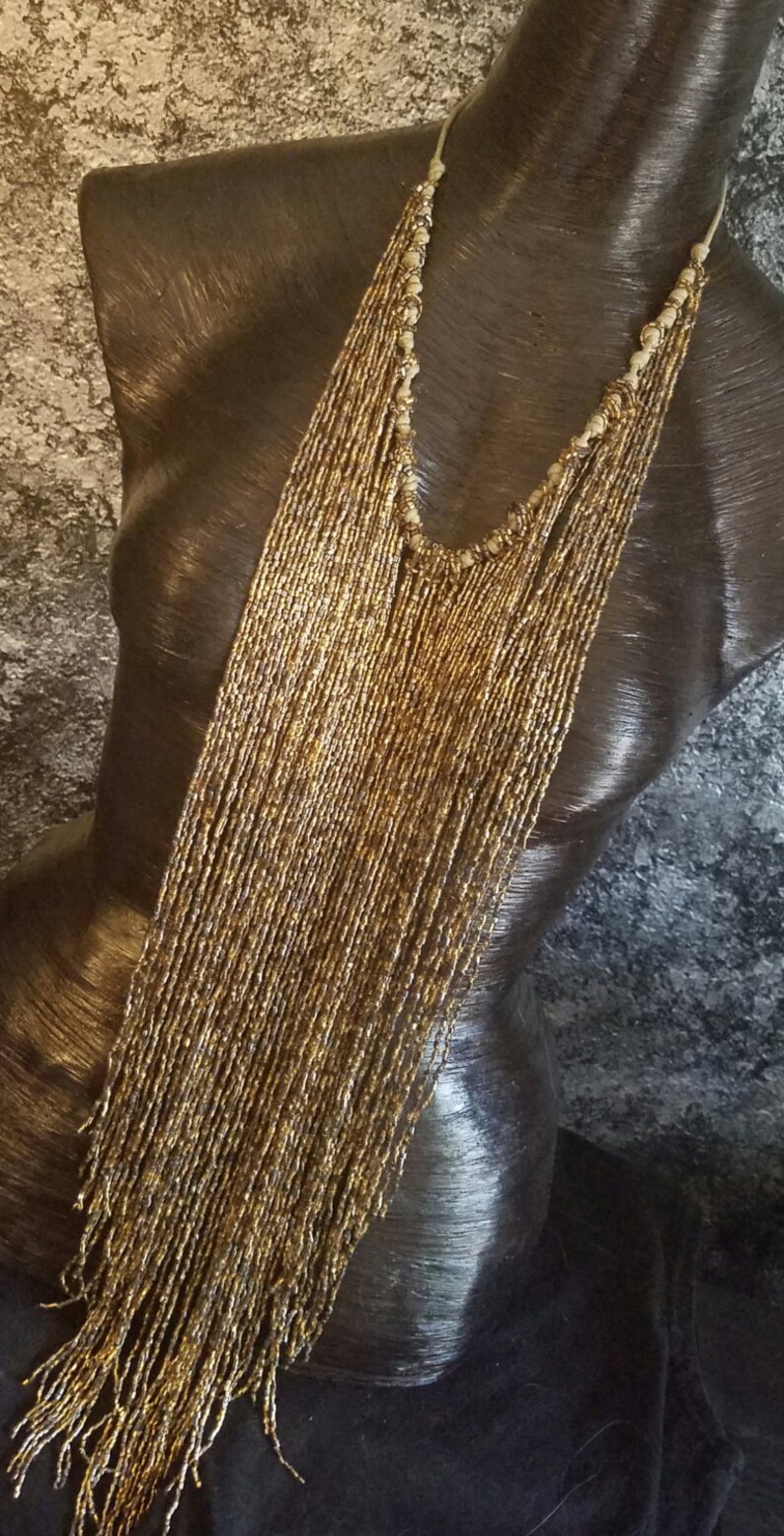 Seed Bead Body Necklace Golden Bronze Bugle Beaded Statement Necklace Urban Tribal Fringe Necklace Gypsy Soul Jewelry Body Jewelry