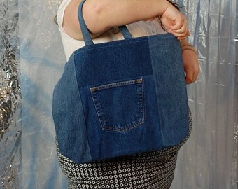 Denim Demon Dream Purse! // 1980s 1990s Handmade Medium Wash Blue Jean Denim Market Tote Bag with Front Pockets and Lace Appliqué