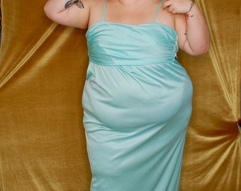 Plus-Size Disco Dream Formal Wear // 1970s Handmade Sea Foam Green Strappy Column Gown with Grecian Bodice
