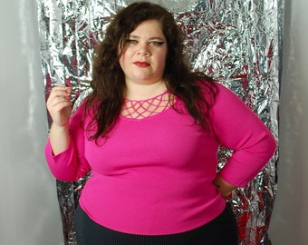 Plus-Size Jawbreaker Chic // 1990s-Y2K Flamingo Pink Stretch Knit Pullover Sweater with Knotted Lattice Peekaboo Neckline
