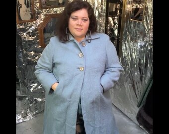 1960s Winter Promenade Looks // Rare Plus-Size Custom-Made Baby Blue Knit Coat with Iridescent Lining and Bakelite Buttons