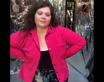 1980s Winter Cozies // Plus-Size Pink Fleece Knit Button-Down Cardigan-Style Jacket/Swacket