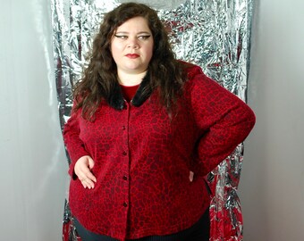 Sunnydale High Winter Break // 1990s Y2K Plus-Size Red Animal Print Cardigan Sweater with Black Faux Fur Collar