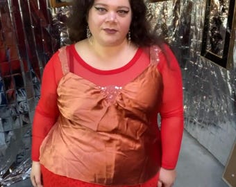 Y2K Office Babe Looks // Plus-Size Metallic Copper Silk Camisole Top with Lace and Sequins