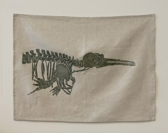 Linen tea towel, Franciscana Dolphin skeleton, hand printed
