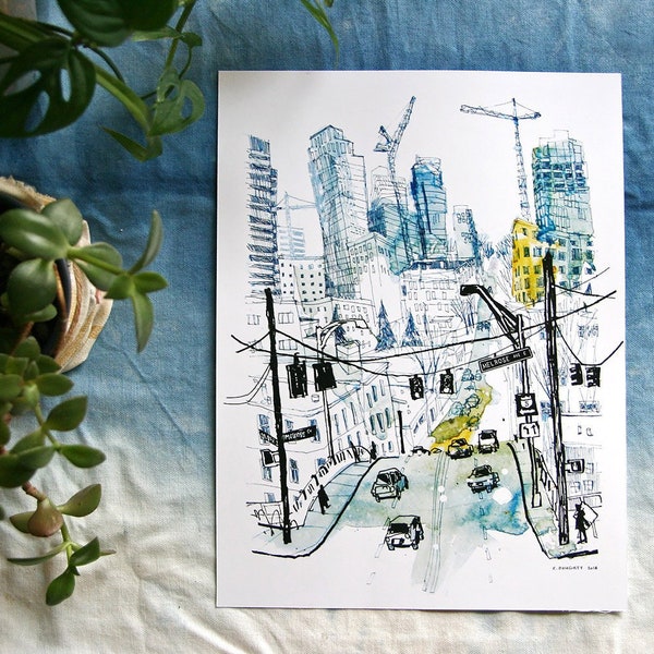 MELROSE & DENNY | Seattle Cityscape Watercolor Illustration | 9x12"or 11x14" art print for 8.5x11" or 10x8" frame or mat