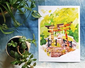 KYOTO 京都 | Torii at the Shinto shrine 鳥居 | 9x12 Japan Illustration art print