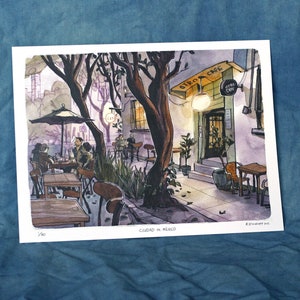 TWILIGHT CAFÉ mexico city urban sketch cdmx watercolor illustration digital print 12x9 image 1