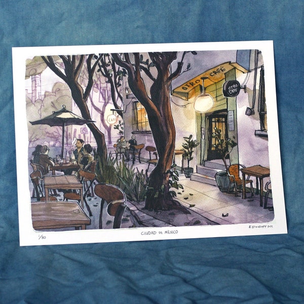 TWILIGHT CAFÉ | mexico city urban sketch | cdmx watercolor illustration | digital print | 12x9"