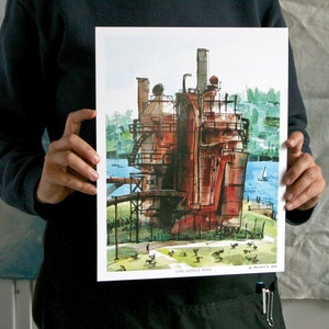 GAS WORKS GEESE | seattle watercolor art | digital print | 11x14 or 12x18