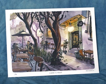 TWILIGHT CAFÉ | mexico city urban sketch | cdmx watercolor illustration | digital print | 12x9"