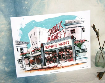 HECHTPLATZ MARKT | Seattle Illustration Kunstdruck | 28cm x 35cm