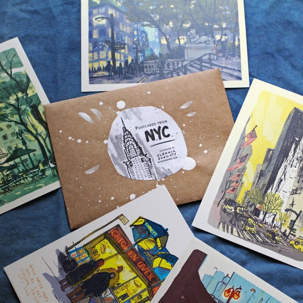 POSTCARDS FROM NYC | illustrated postcard set | 8 unique cards or mini prints | standard size 4.25 x 6"
