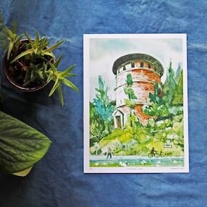 May include: A watercolor painting of a brick water tower surrounded by green trees. The tower has a rounded roof and several small windows. The painting is on a white background.
