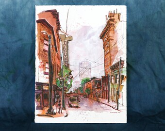 GASTOWN | Vancouver, B.C. | 8,5" x 11", 21,5 x 28cm | Original-Aquarell- und Mixed-Media-Gemälde