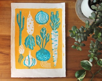 Know Your Roots | Yellow/Teal Colorway | limited edition handmade Linoleum Block Print, Vegetable Farmer's Market Art Print, Bright Colors