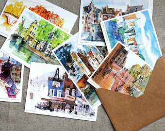 BRIEFKAARTEN UIT AMSTERDAM | set van 8 geïllustreerde ansichtkaarten | nederland reizen | 4" x 6" in / 10 x 15 cm