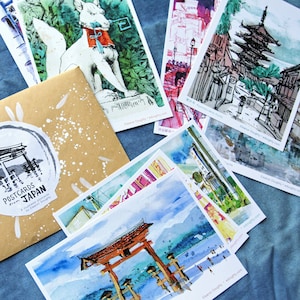 CARTES POSTALES DU JAPON | lot de 8 cartes postales illustrées | tokyo, kyoto, miyajima, mont fuji | 10 cm x 15 cm (4 po. x 6 po.)