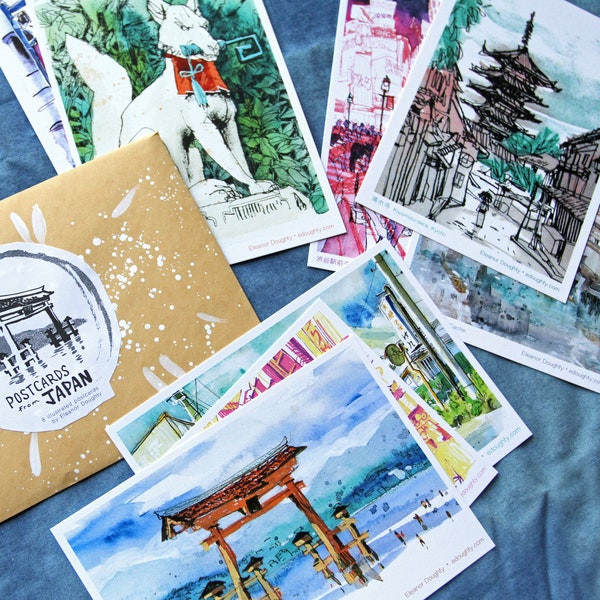 POSTCARDS FROM JAPAN | set of 8 illustrated postcards | tokyo, kyoto, miyajima, mt fuji | 4" x 6" in / 10 cm x 15cm