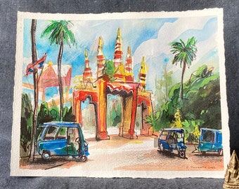 VIENTAINE TUKTUKS | LAOS | 9.5" x 7.75", 24.1cm x 19.7 cm | original watercolor and mixed media painting