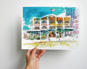 CORNER MARKET | Pike Place Market, Seattle | 12 x 9" digital art print | watercolor mixed media architecture illustration