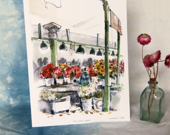 FLOWER LADY | pike place market, seattle | watercolor illustration | limited edition print | 8x6&quot; or 9x12&quot; -- easy framing