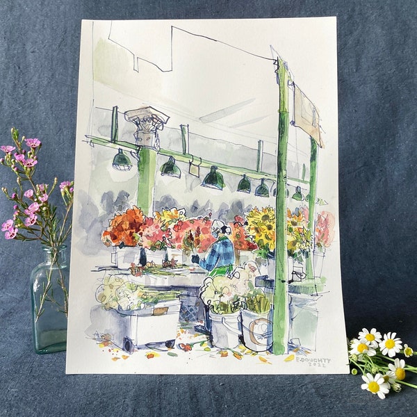 FLOWER LADY | Pike Place Market, Seattle | 9" x 12",  22.9 cm x 30.5cm | original watercolor painting