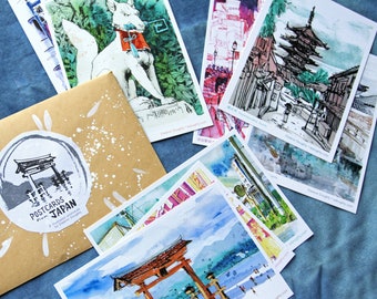 POSTCARDS FROM JAPAN | set of 8 illustrated postcards | tokyo, kyoto, miyajima, mt fuji | 4" x 6" in / 10 cm x 15cm