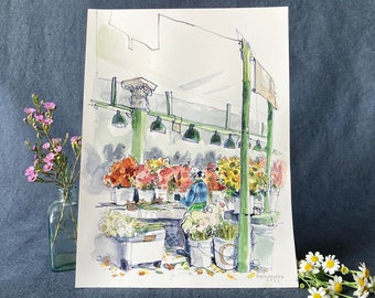 BLUMENLADY | Pike-Platz-Market,Seattle | 9" x 12", 22,9cm x 30,5cm | Original Aquarellmalerei