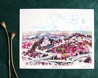 BEACON HILL & RAINIER | watercolor seattle illustration | limited edition Pacific Northwest artwork | 12x18 or 9x12 sized