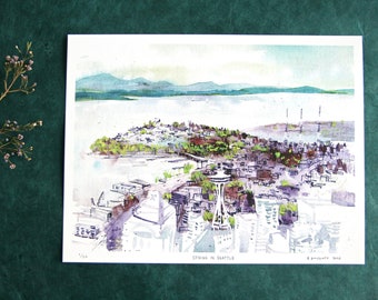 SEATTLE SPRING | pacific northwest | watercolor cityscape | limited edition art print | 12x18 or 9x12