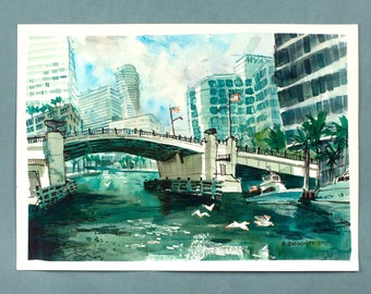 MIAMI RIVER | florida urban landscape | original 10" x 14" watercolor painting | free USA shipping