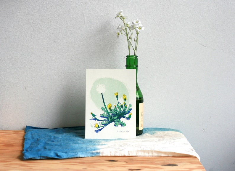 DANDELIONS wildflowers risograph print 5x7 handmade image 1