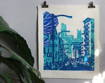CENTRE ST. in BLUE | soho nyc linocut relief artwork | two color linocut unique handmade print | for 12x9 or 10x8 frames